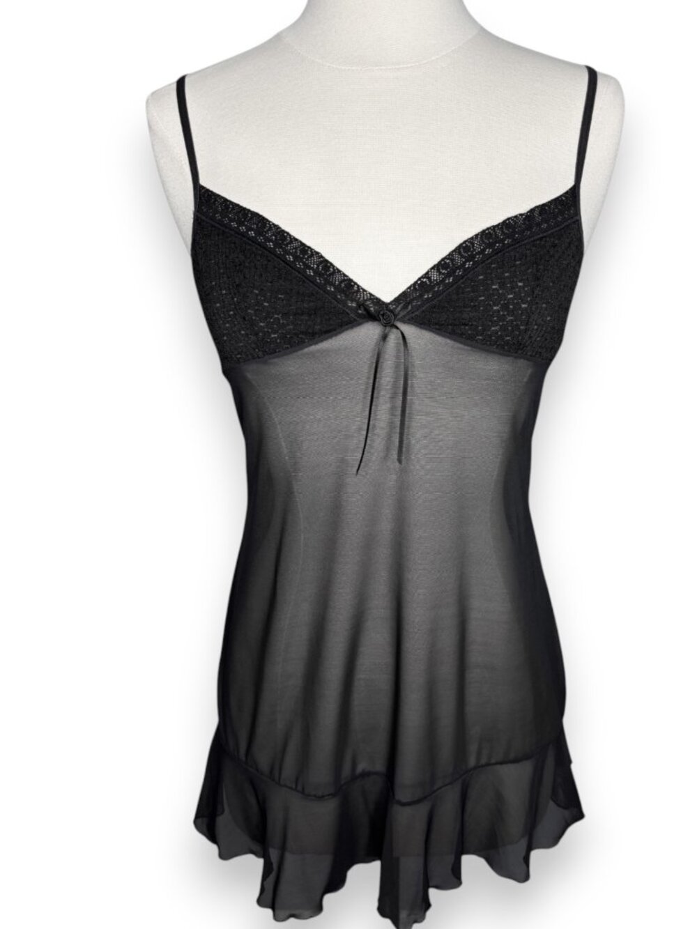 Victoria's Secret Y2K Black Mesh Rosette Bow Babydoll Lingerie Size Medium